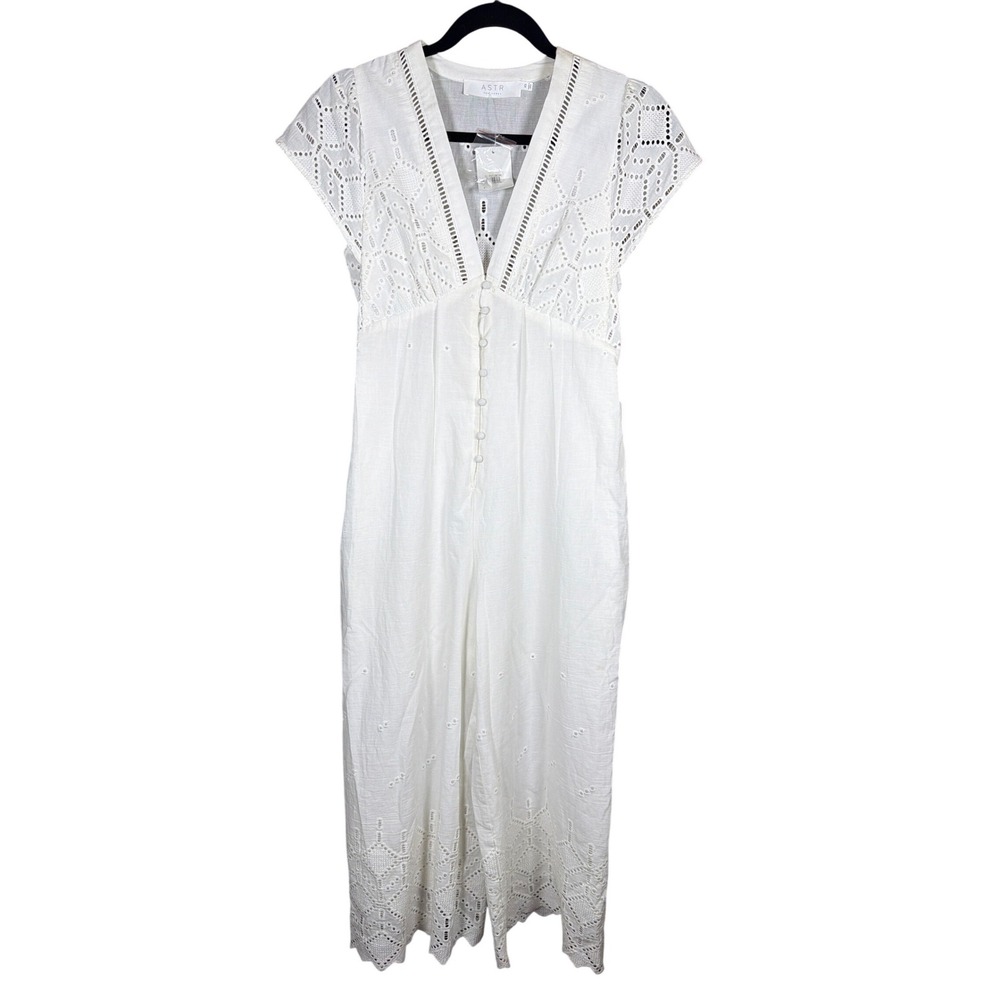 ASTR The Label White‎ Eyelet Wide Leg Jumpsuit XS ALP20778 V-Neck Scalloped Hem
